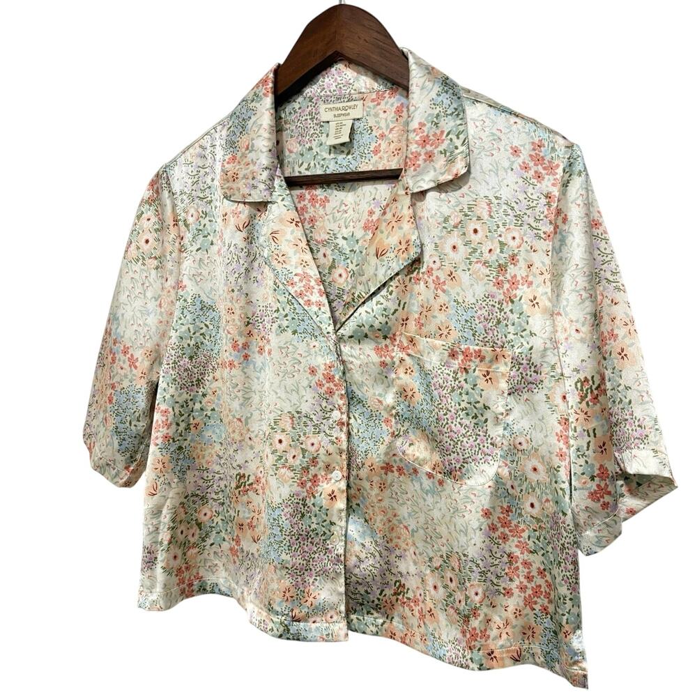 Cynthia Rowley Womens M Floral Satin Pajama Set Button Top Shorts Sleepwear - Picture 4 of 11